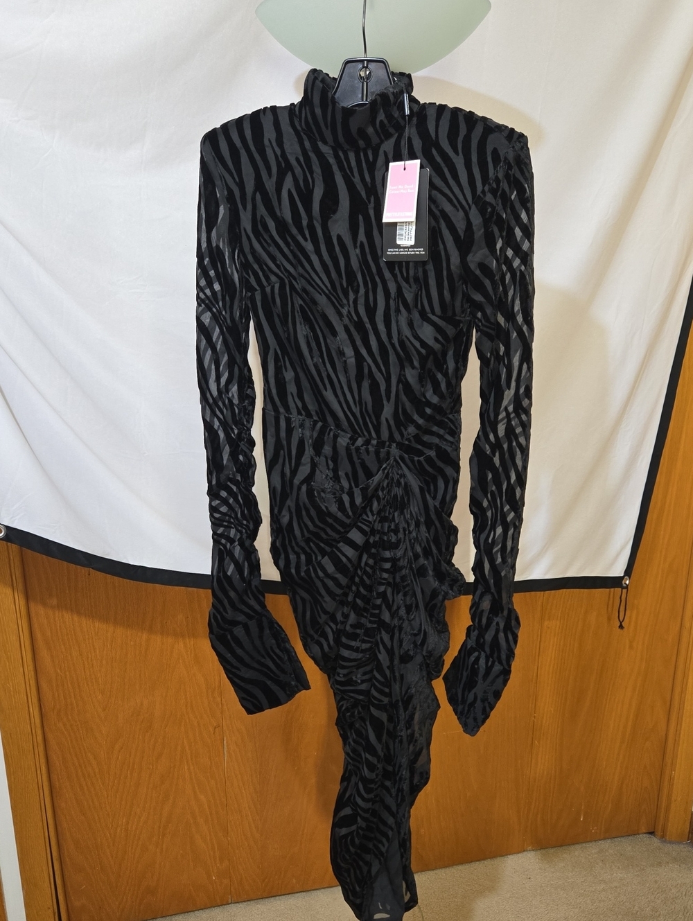Black Velvet Zebra-Print Ruched Bodycon Dress Xs 34